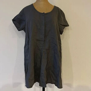 Flax Sz S grey linen short sleeve 1/2 button tunic 21” pit to pit X 31” length